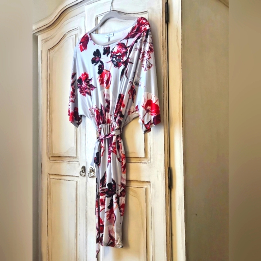 ASOS Gray and Red Floral Midi Dress With POCKETS